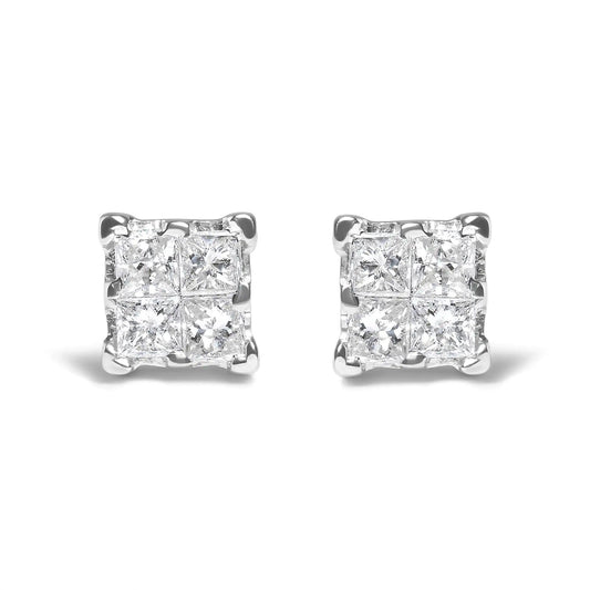 .925 Sterling Silver 1/4 Cttw Invisible Set Princess Diamond Composite Quad Stud Earrings (I - J Color, I1 - I2 Clarity) | | Elegant Emulations Jewelry USA