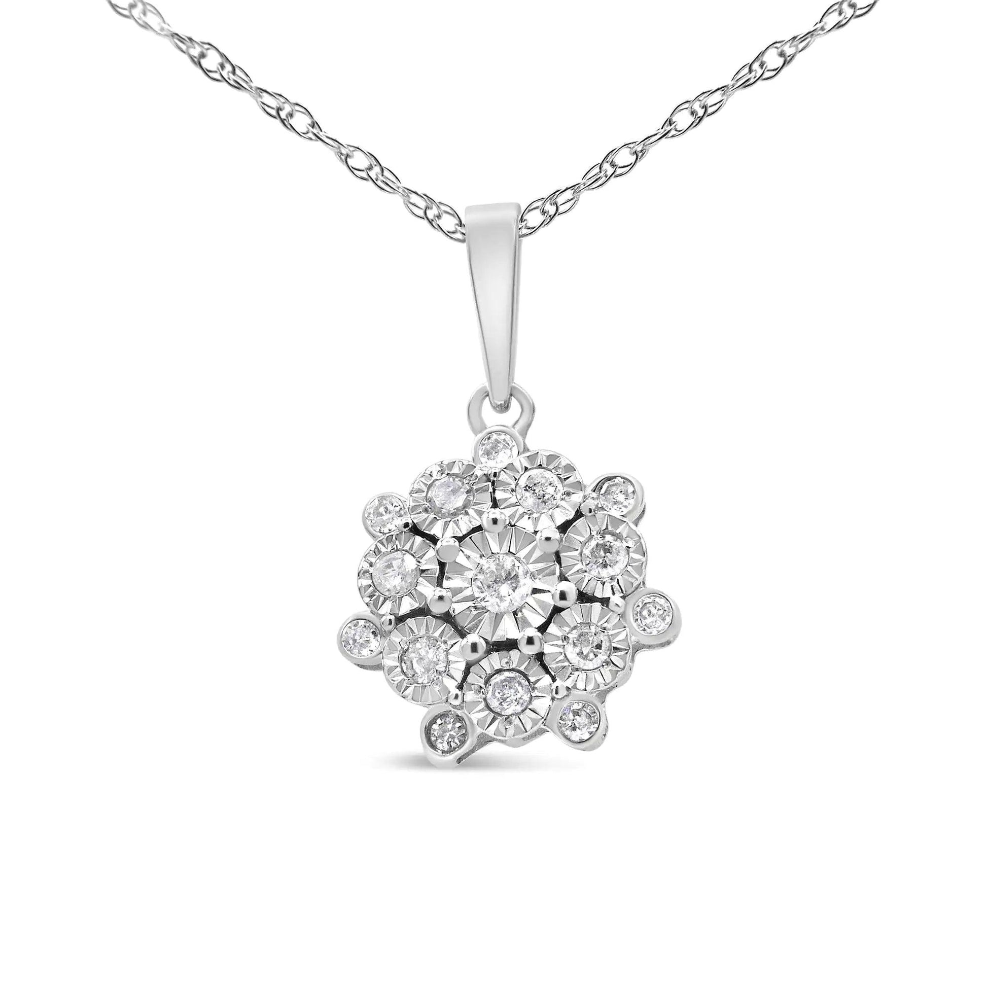 .925 Sterling Silver 1/4 Cttw Miracle Set Diamond Floral Cluster 18" Pendant Necklace for Women (I - J Color, I1 - I2 Clarity) | | Elegant Emulations Jewelry USA