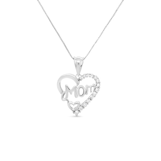 .925 Sterling Silver 1/4 Cttw Round Diamond "Mom" Openwork Heart Pendant 18" Necklace (I - J Color, I2 - I3 Clarity) | | Elegant Emulations Jewelry USA