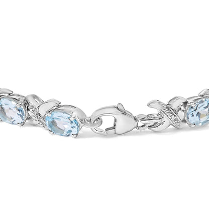 .925 Sterling Silver 16.0 Cttw Oval Blue Topaz and Diamond Accent Tennis X Link Bracelet (I - J Color, I1 - I2 Clarity) - Size 7" Inch | | Elegant Emulations Jewelry USA