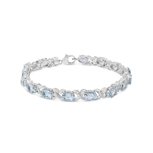 .925 Sterling Silver 16.0 Cttw Oval Blue Topaz and Diamond Accent Tennis X Link Bracelet (I - J Color, I1 - I2 Clarity) - Size 7" Inch | | Elegant Emulations Jewelry USA