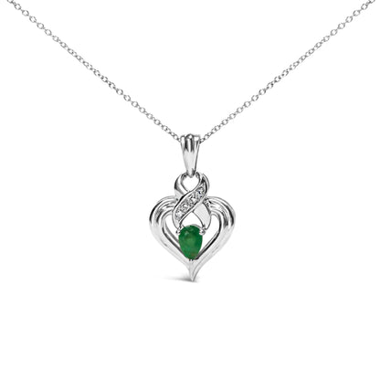 .925 Sterling Silver 6x4mm Pear Emerald and Diamond Accent Heart Pendant Necklace (H - I Color, SI1 - SI2 Clarity) - 18 Inches | | Elegant Emulations Jewelry USA