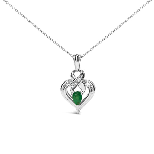 .925 Sterling Silver 6x4mm Pear Emerald and Diamond Accent Heart Pendant Necklace (H - I Color, SI1 - SI2 Clarity) - 18 Inches | | Elegant Emulations Jewelry USA