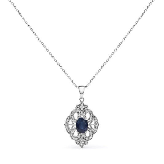 .925 Sterling Silver 7x5 MM Oval Blue Sapphire and Diamond Accent Art Deco Style Shield Shaped 18" Pendant Necklace (I - J Color, I3 Clarity) | | Elegant Emulations Jewelry USA