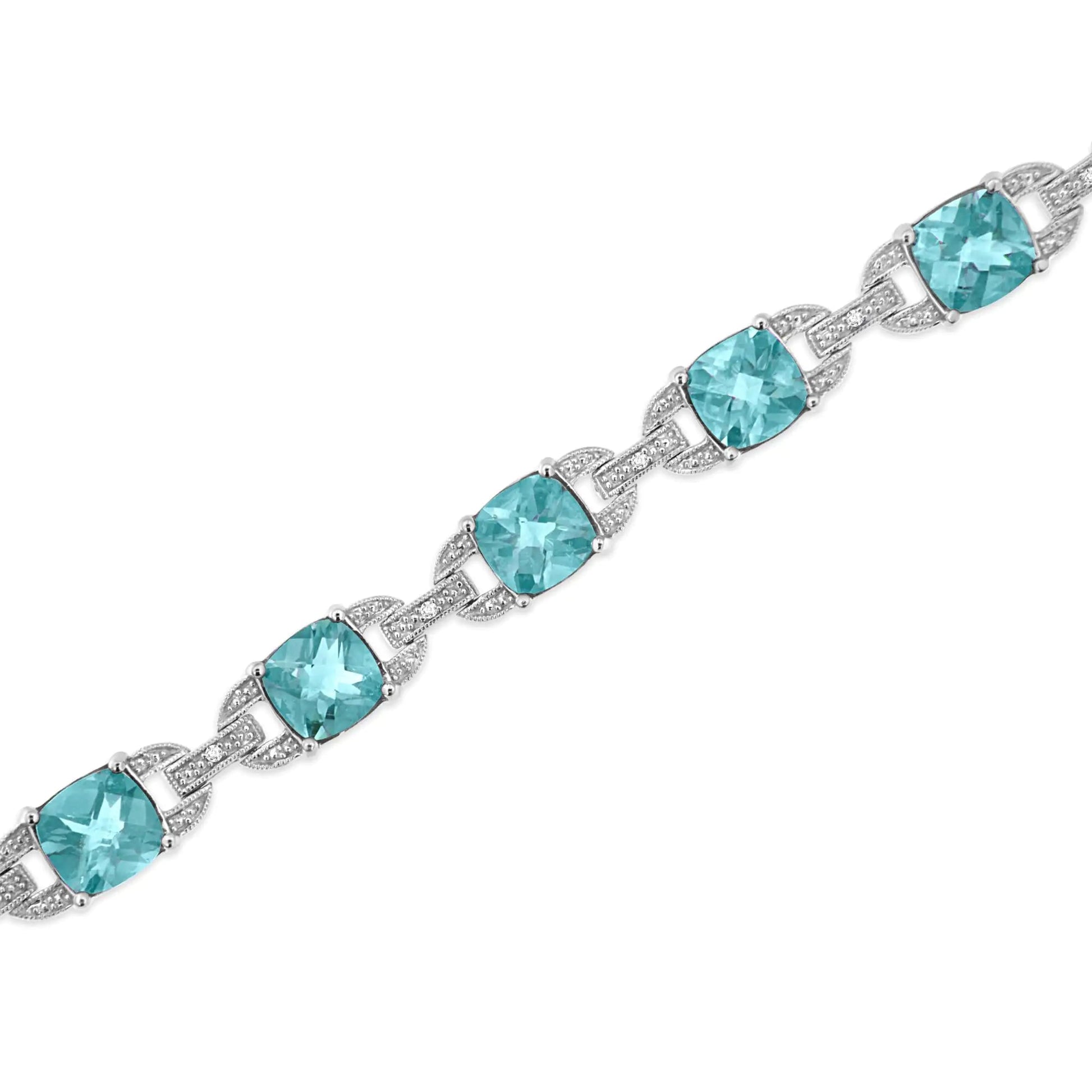 .925 Sterling Silver 7x7 mm Cushion Cut Blue Topaz and 1/20 cttw Round Cut Diamond Fashion Tennis Bracelet (I - J Color, I1 - I2 Clarity) - 7" | | Elegant Emulations Jewelry USA