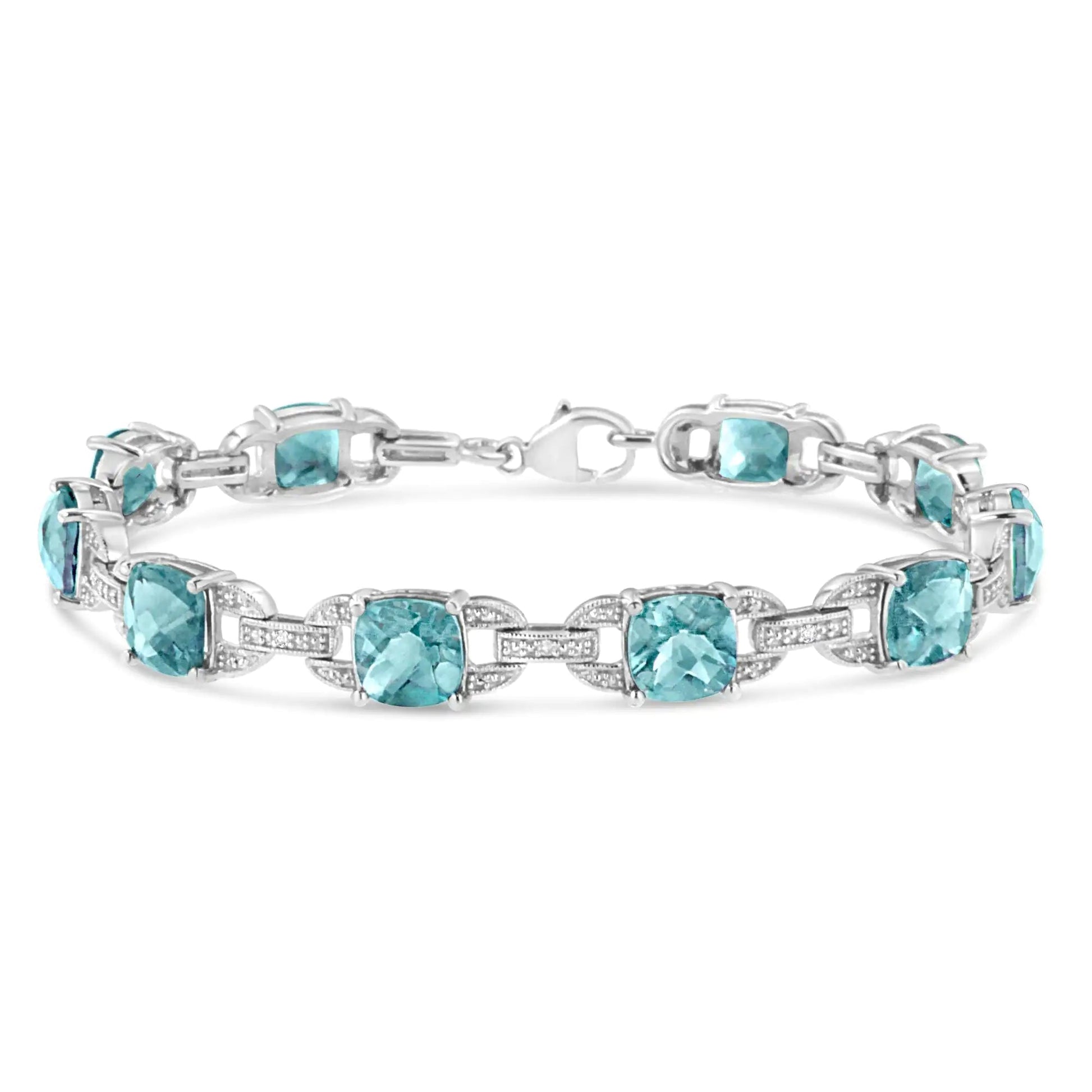 .925 Sterling Silver 7x7 mm Cushion Cut Blue Topaz and 1/20 cttw Round Cut Diamond Fashion Tennis Bracelet (I - J Color, I1 - I2 Clarity) - 7" | | Elegant Emulations Jewelry USA