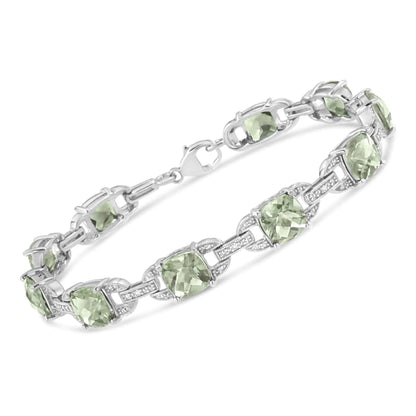 .925 Sterling Silver 7x7 mm Cushion Cut Green Amethyst and 1/20 cttw Round Cut Diamond Fashion Tennis Bracelet (I - J Color, I1 - I2 Clarity) - 7" | | Elegant Emulations Jewelry USA