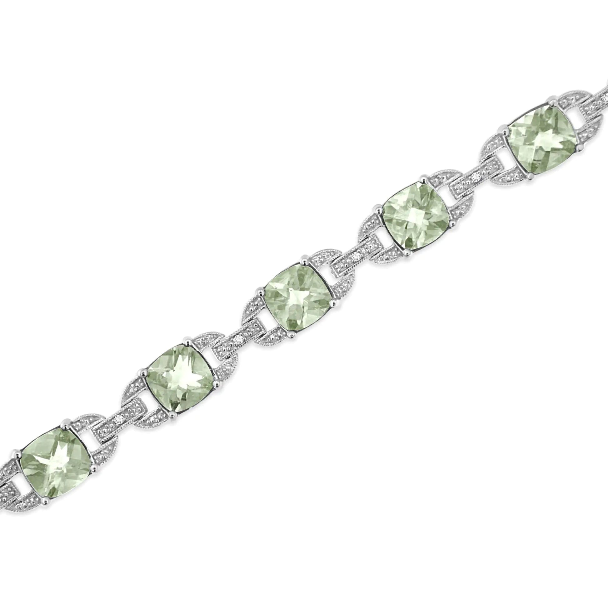 .925 Sterling Silver 7x7 mm Cushion Cut Green Amethyst and 1/20 cttw Round Cut Diamond Fashion Tennis Bracelet (I - J Color, I1 - I2 Clarity) - 7" | | Elegant Emulations Jewelry USA