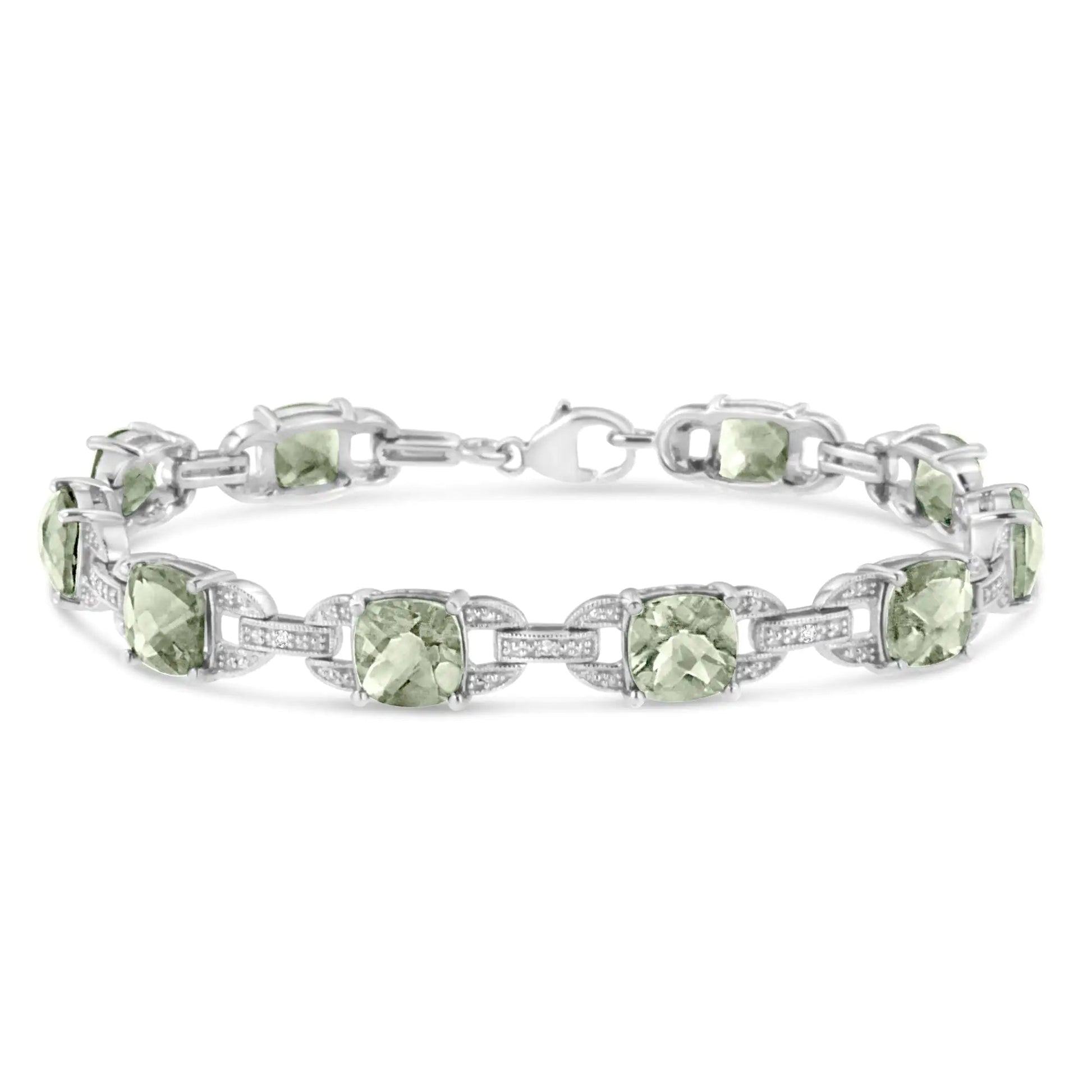 .925 Sterling Silver 7x7 mm Cushion Cut Green Amethyst and 1/20 cttw Round Cut Diamond Fashion Tennis Bracelet (I - J Color, I1 - I2 Clarity) - 7" | | Elegant Emulations Jewelry USA