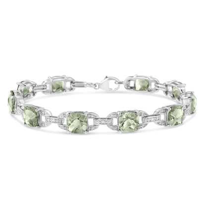 .925 Sterling Silver 7x7 mm Cushion Cut Green Amethyst and 1/20 cttw Round Cut Diamond Fashion Tennis Bracelet (I - J Color, I1 - I2 Clarity) - 7" | | Elegant Emulations Jewelry USA