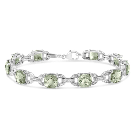 .925 Sterling Silver 7x7 mm Cushion Cut Green Amethyst and 1/20 cttw Round Cut Diamond Fashion Tennis Bracelet (I - J Color, I1 - I2 Clarity) - 7" | | Elegant Emulations Jewelry USA