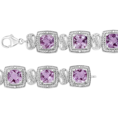 .925 Sterling Silver 7x7 mm Cushion Cut Purple Amethyst and 1/10 cttw Round Cut Diamond Square Shape Tennis Bracelet (I - J Color, I1 - I2 Clarity) - 7" | | Elegant Emulations Jewelry USA