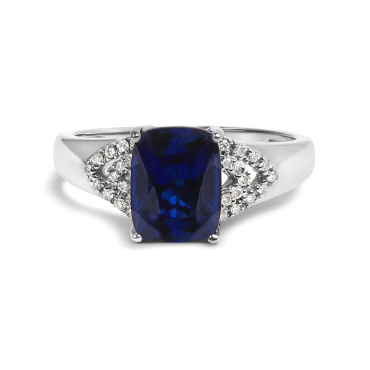 .925 Sterling Silver 9X7 mm Cushion Cut Blue Sapphire and White Diamond Step up Engagement Ring (I - J Color, I3 Clarity) | | Elegant Emulations Jewelry USA