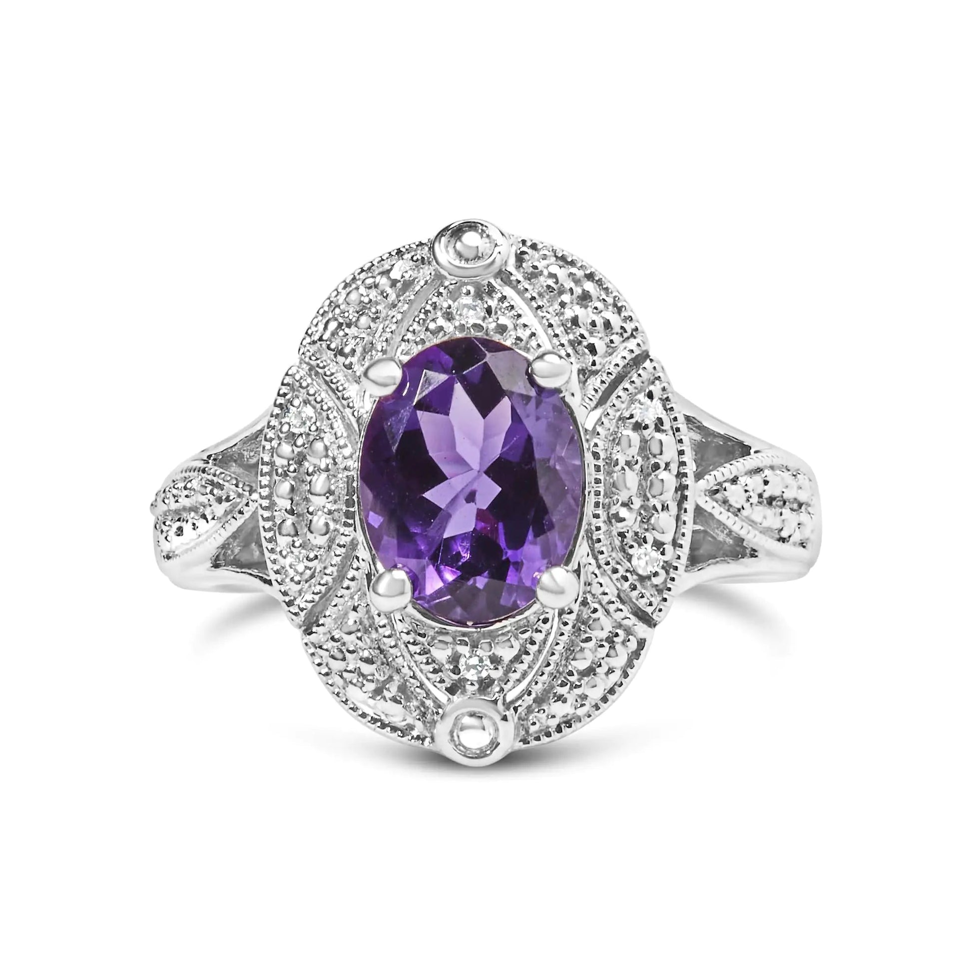 .925 Sterling Silver 9x7mm Oval Purple Amethyst and Round Diamond Accent Fashion Cocktail Ring (I - J Color, I1 - I2 Clarity) | | Elegant Emulations Jewelry USA
