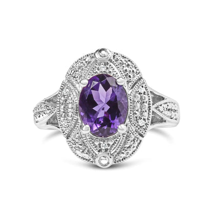 .925 Sterling Silver 9x7mm Oval Purple Amethyst and Round Diamond Accent Fashion Cocktail Ring (I - J Color, I1 - I2 Clarity) | | Elegant Emulations Jewelry USA