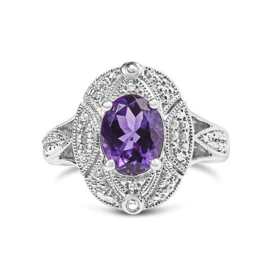 .925 Sterling Silver 9x7mm Oval Purple Amethyst and Round Diamond Accent Fashion Cocktail Ring (I - J Color, I1 - I2 Clarity) | | Elegant Emulations Jewelry USA