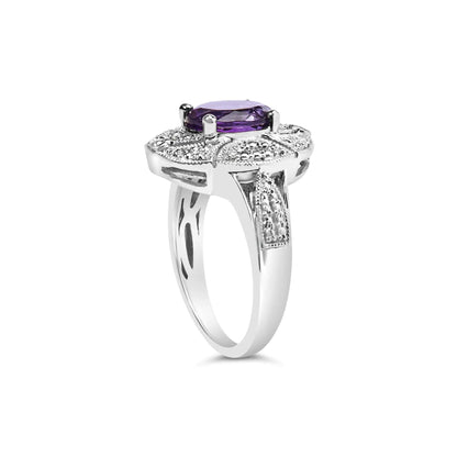 .925 Sterling Silver 9x7mm Oval Purple Amethyst and Round Diamond Accent Fashion Cocktail Ring (I - J Color, I1 - I2 Clarity) | | Elegant Emulations Jewelry USA