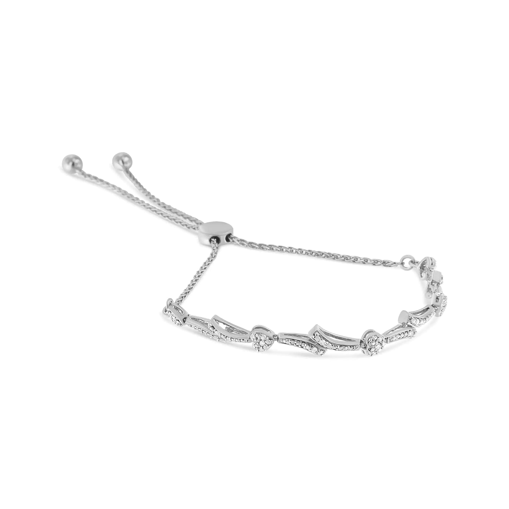 .925 Sterling Silver Diamond Accent Heart and Wave Link Bolo Bracelet (I - J Color, I2 - I3 Clarity) - 6" to 9" Adjustable | | Elegant Emulations Jewelry USA