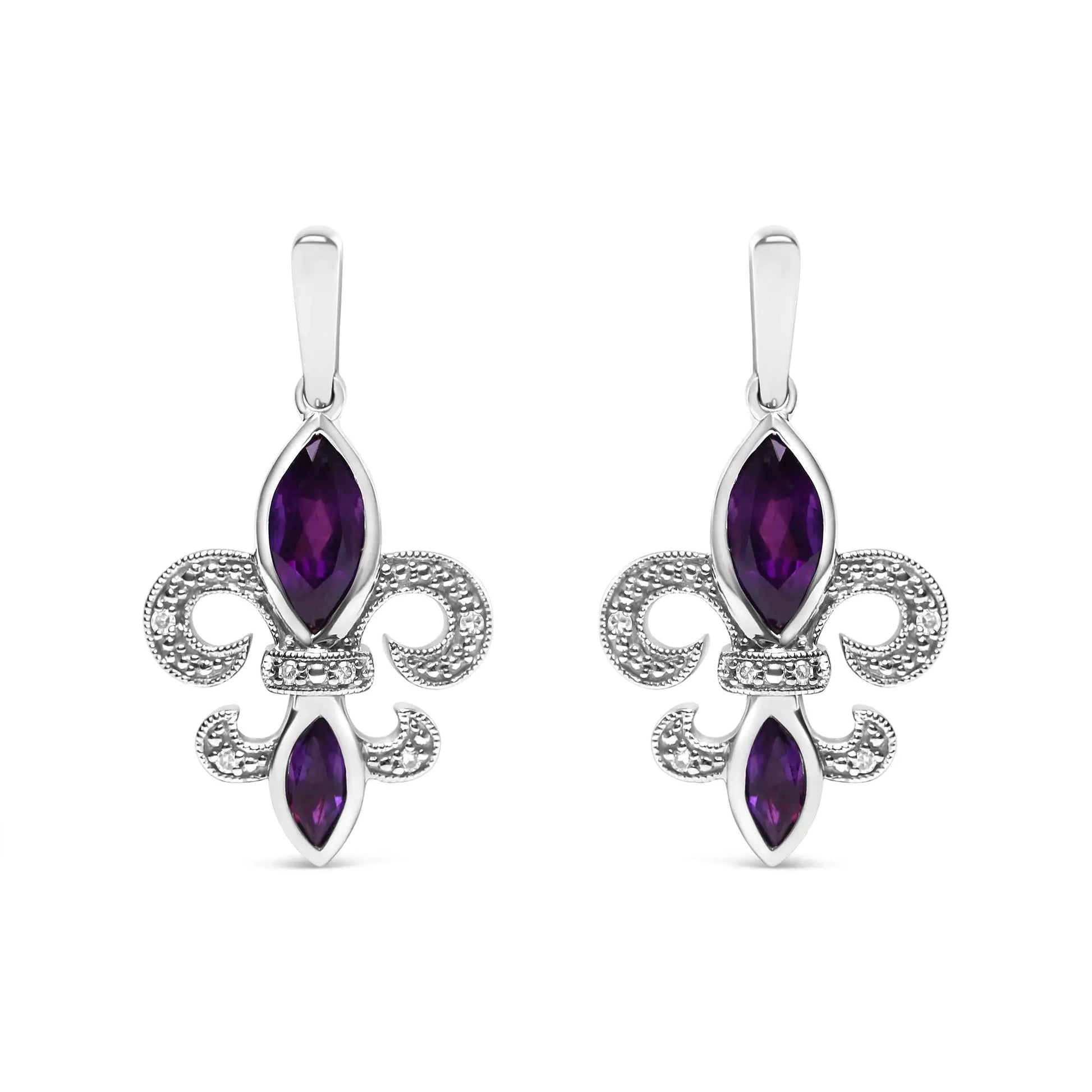 .925 Sterling Silver Marquise Cut Amethyst and Diamond Accent Fleur De Lis Dangle Stud Earrings (H - I Color, SI1 - SI2 Clarity) | | Elegant Emulations Jewelry USA