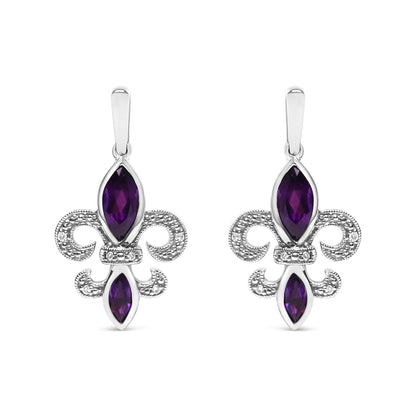 .925 Sterling Silver Marquise Cut Amethyst and Diamond Accent Fleur De Lis Dangle Stud Earrings (H - I Color, SI1 - SI2 Clarity) | | Elegant Emulations Jewelry USA