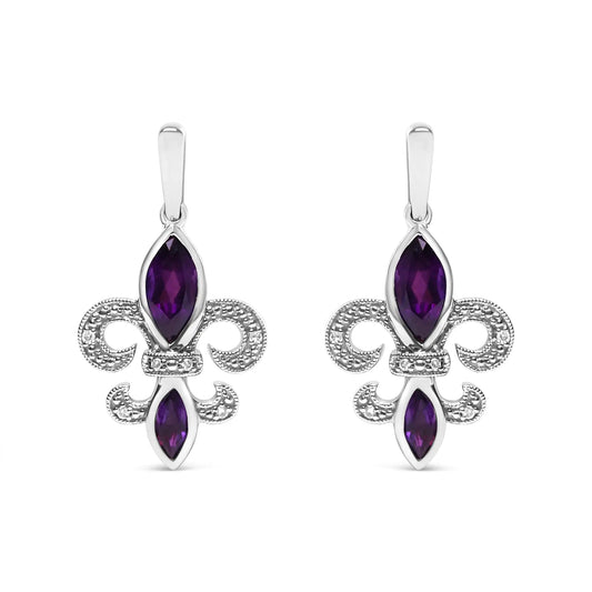 .925 Sterling Silver Marquise Cut Amethyst and Diamond Accent Fleur De Lis Dangle Stud Earrings (H - I Color, SI1 - SI2 Clarity) | | Elegant Emulations Jewelry USA