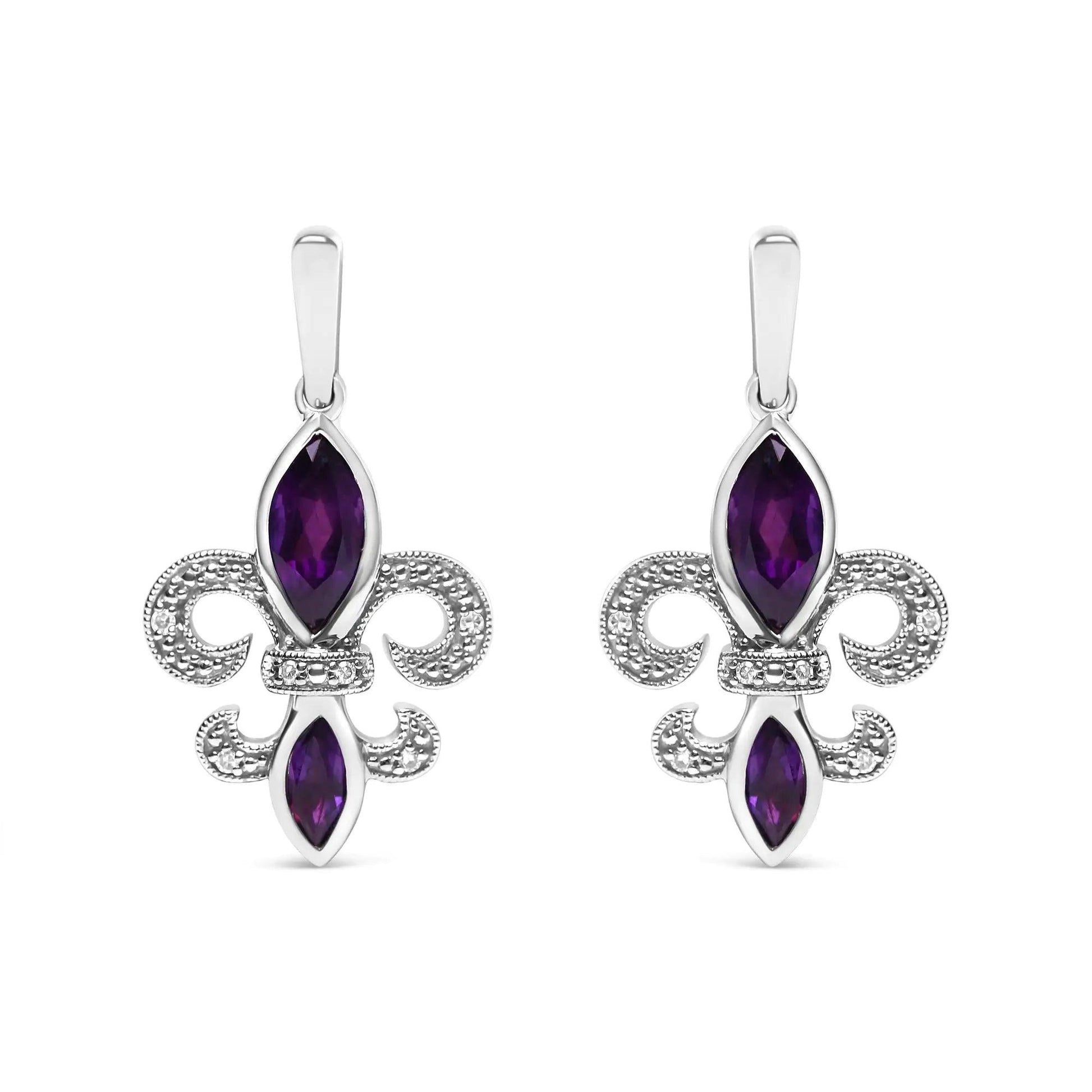 .925 Sterling Silver Marquise Cut Amethyst and Diamond Accent Fleur De Lis Dangle Stud Earrings (H - I Color, SI1 - SI2 Clarity) | | Elegant Emulations Jewelry USA