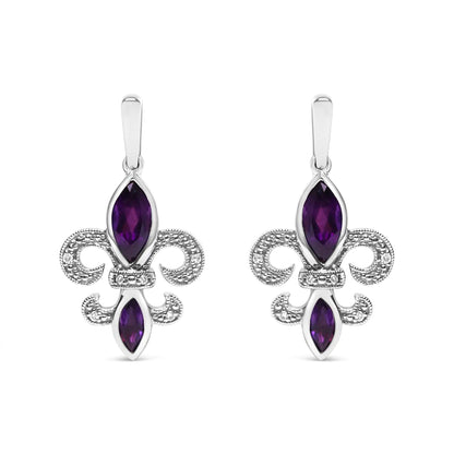 .925 Sterling Silver Marquise Cut Amethyst and Diamond Accent Fleur De Lis Dangle Stud Earrings (H - I Color, SI1 - SI2 Clarity) | | Elegant Emulations Jewelry USA