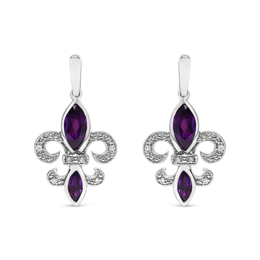 .925 Sterling Silver Marquise Cut Amethyst and Diamond Accent Fleur De Lis Dangle Stud Earrings (H - I Color, SI1 - SI2 Clarity) | | Elegant Emulations Jewelry USA