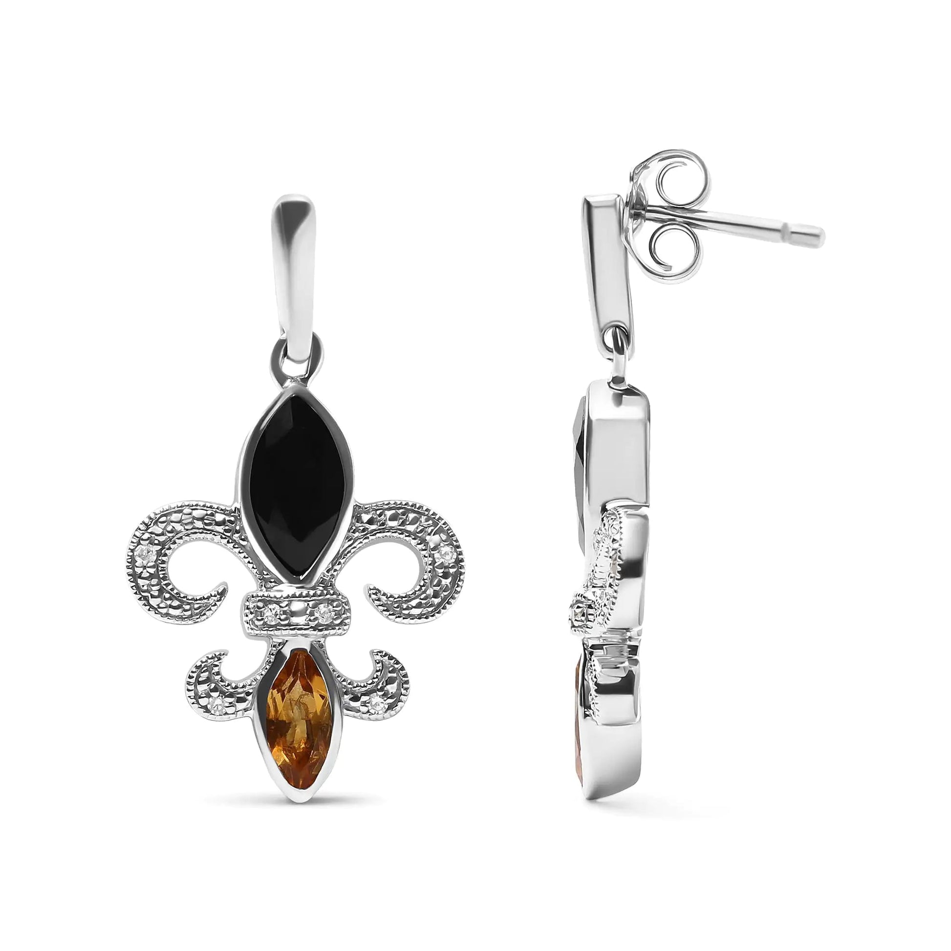 .925 Sterling Silver Marquise Cut Onyx and Citrine with Diamond Accent Fleur De Lis Drop Stud Earrings (H - I Color, SI1 - SI2 Clarity) | | Elegant Emulations Jewelry USA