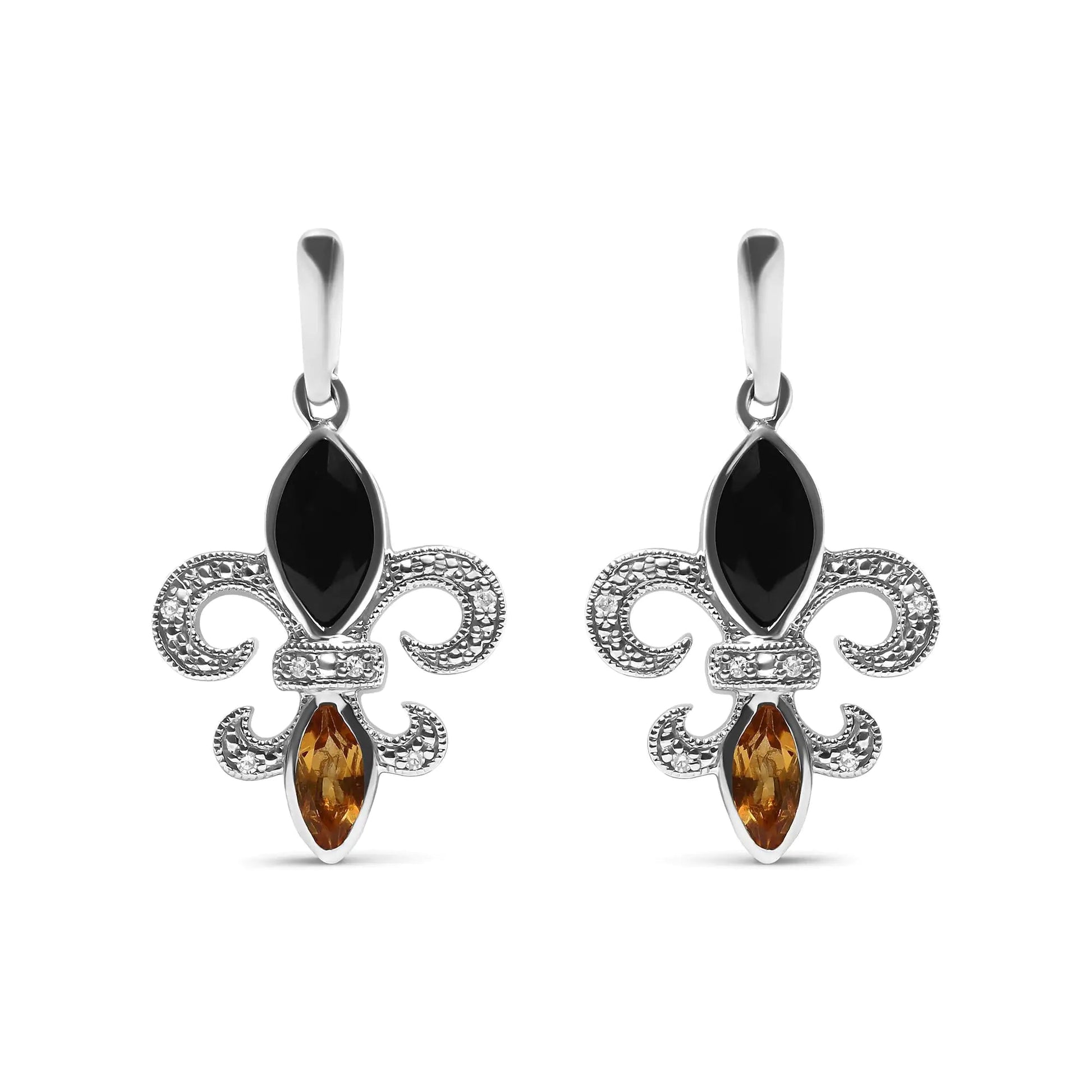 .925 Sterling Silver Marquise Cut Onyx and Citrine with Diamond Accent Fleur De Lis Drop Stud Earrings (H - I Color, SI1 - SI2 Clarity) | | Elegant Emulations Jewelry USA