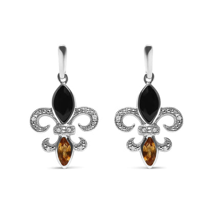 .925 Sterling Silver Marquise Cut Onyx and Citrine with Diamond Accent Fleur De Lis Drop Stud Earrings (H - I Color, SI1 - SI2 Clarity) | | Elegant Emulations Jewelry USA