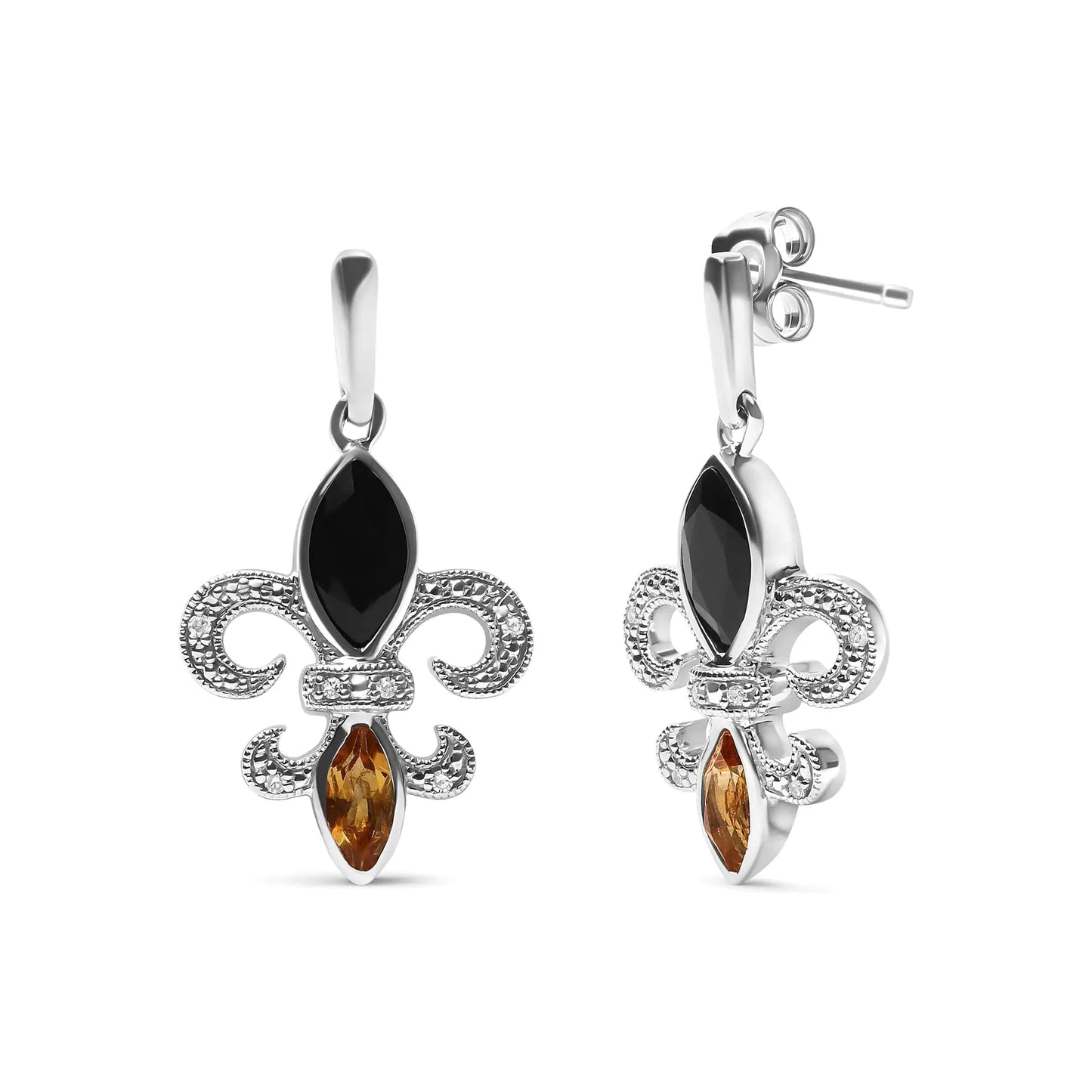 .925 Sterling Silver Marquise Cut Onyx and Citrine with Diamond Accent Fleur De Lis Drop Stud Earrings (H - I Color, SI1 - SI2 Clarity) | | Elegant Emulations Jewelry USA