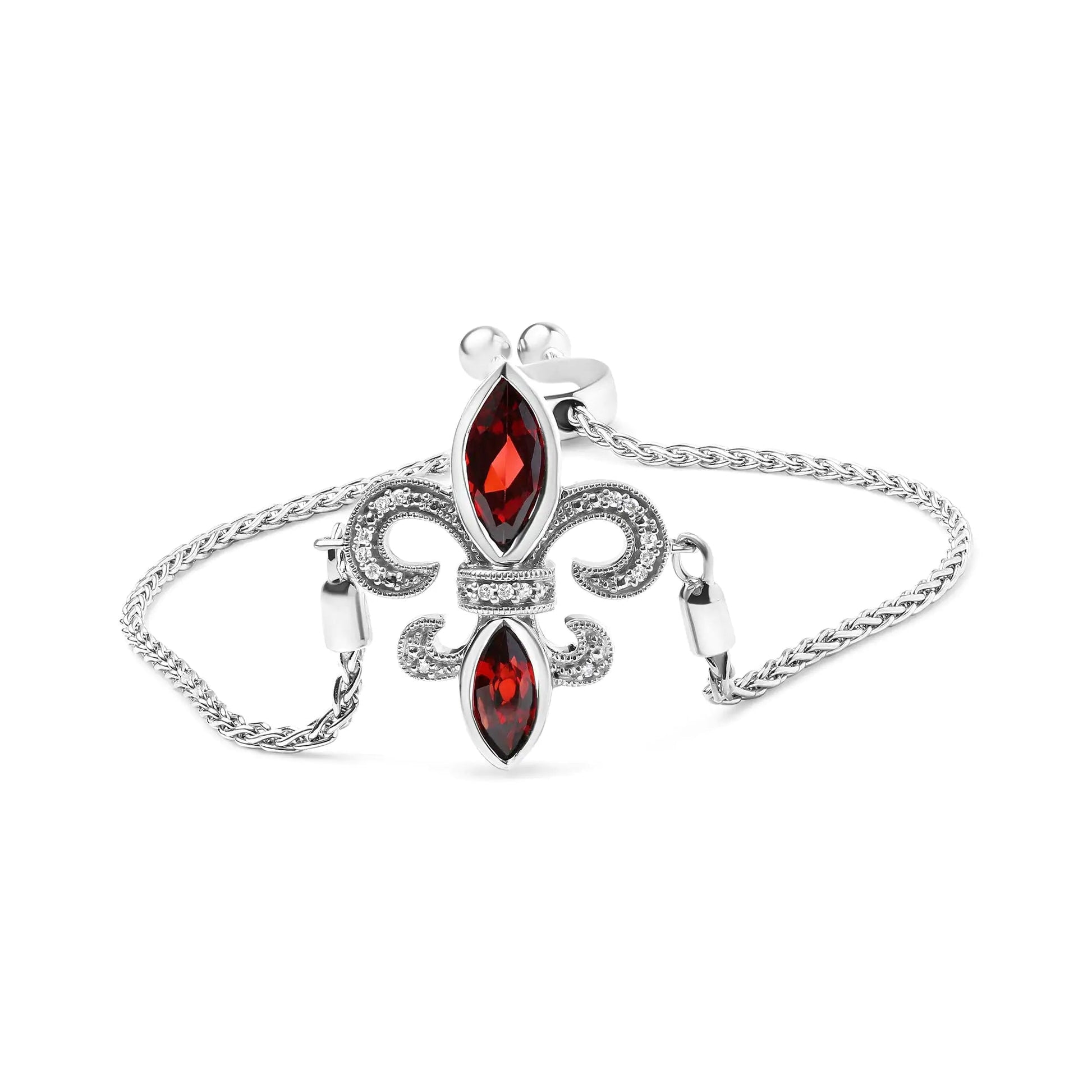 .925 Sterling Silver Marquise Garnet and Diamond Accent Lariat 4” - 10” Fleur De Lis Adjustable Bolo Bracelet (H - I Color, SI1 - SI2 Clarity) | | Elegant Emulations Jewelry USA