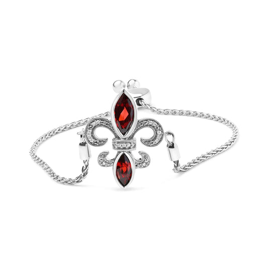 .925 Sterling Silver Marquise Garnet and Diamond Accent Lariat 4” - 10” Fleur De Lis Adjustable Bolo Bracelet (H - I Color, SI1 - SI2 Clarity) | | Elegant Emulations Jewelry USA