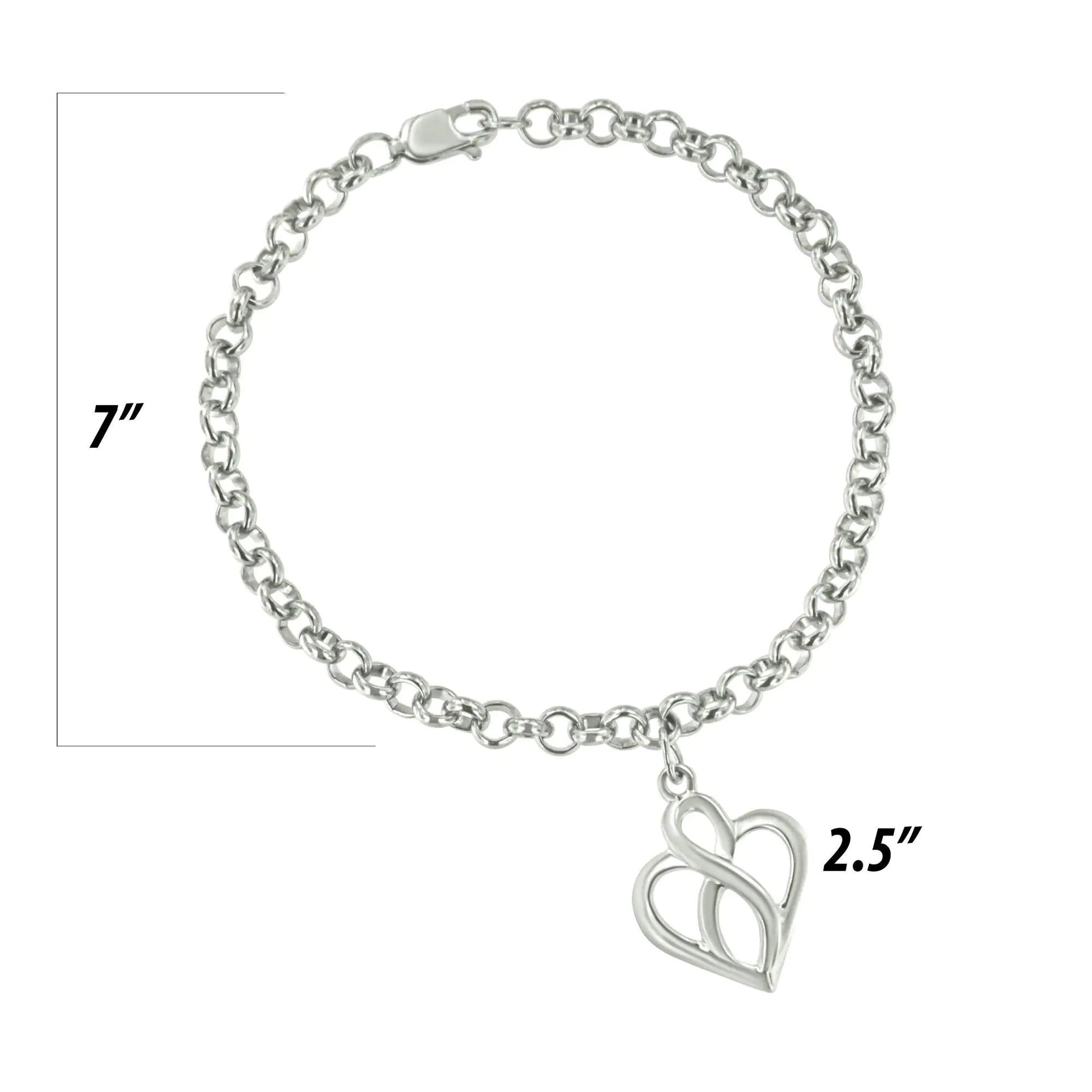 .925 Sterling Silver Open Heart with Center Vertical Infinity Chain Charm Bracelet - Size 7" | | Elegant Emulations Jewelry USA