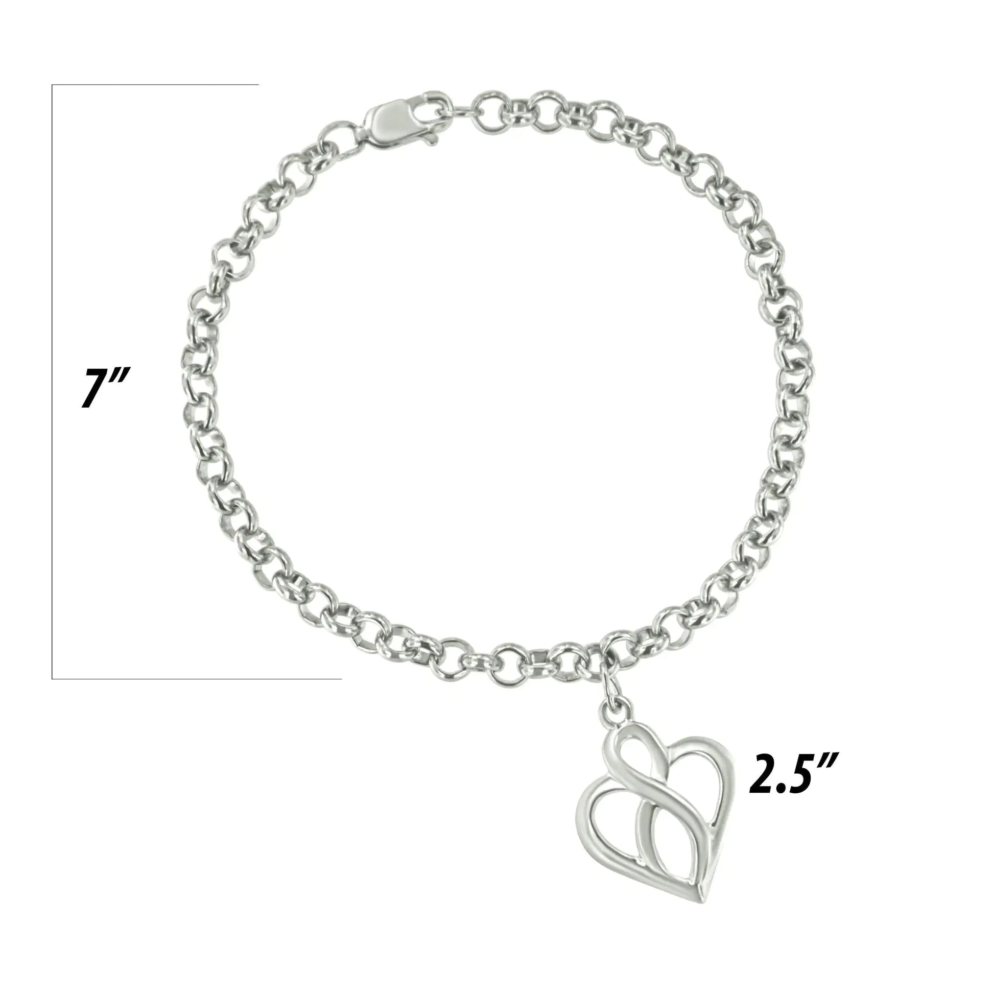 .925 Sterling Silver Open Heart with Center Vertical Infinity Chain Charm Bracelet - Size 7" | | Elegant Emulations Jewelry USA