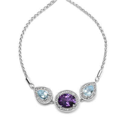 .925 Sterling Silver Oval Amethyst and Pear Blue Topaz with Diamond Accent Lariat 4” - 10” Adjustable Bolo Bracelet (H - I Color, SI1 - SI2 Clarity) | | Elegant Emulations Jewelry USA