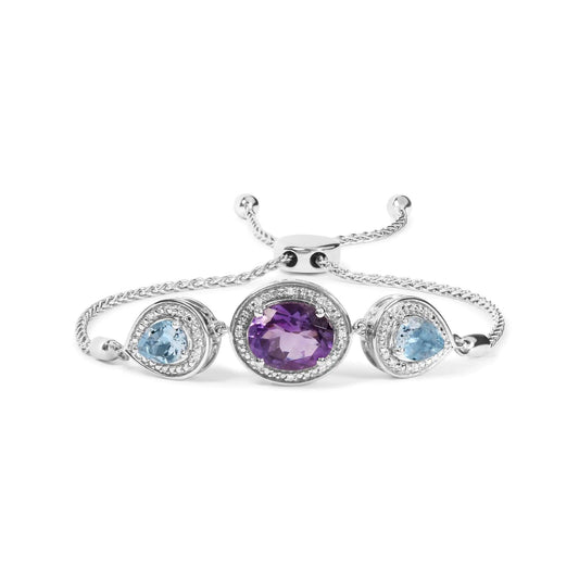 .925 Sterling Silver Oval Amethyst and Pear Blue Topaz with Diamond Accent Lariat 4” - 10” Adjustable Bolo Bracelet (H - I Color, SI1 - SI2 Clarity) | | Elegant Emulations Jewelry USA