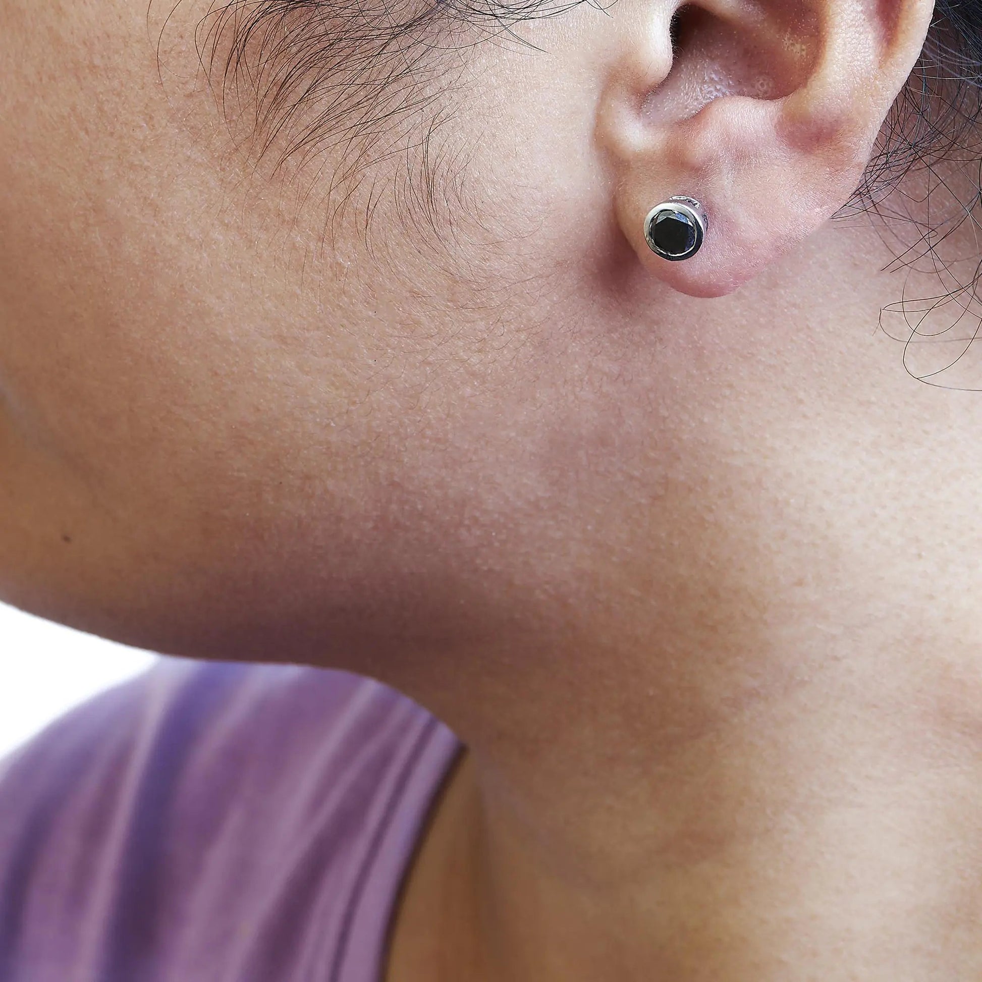 .925 Sterling Silver Round Brilliant - Cut Black Diamond Bezel - Set Stud Earrings with Screw Backs (Fancy Color - Enhanced, I2 - I3 Clarity) | | Elegant Emulations Jewelry USA