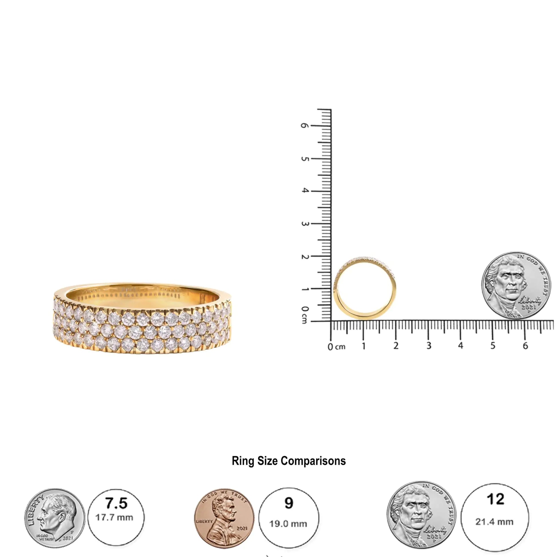 14K Yellow Gold Pave Set 3/4 cttw Multi Row Diamond Band Ring (H-I Color, SI2-I1 Clarity) - Elegant Emulations