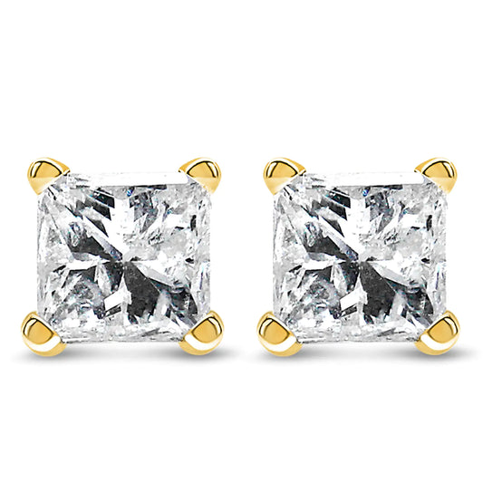 IGI Certified 14k Yellow Gold 4-Prong Set Princess-Cut Solitaire Diamond Push Back Stud Earrings (L-M Color, I1-I2 Clarity) - Elegant Emulations