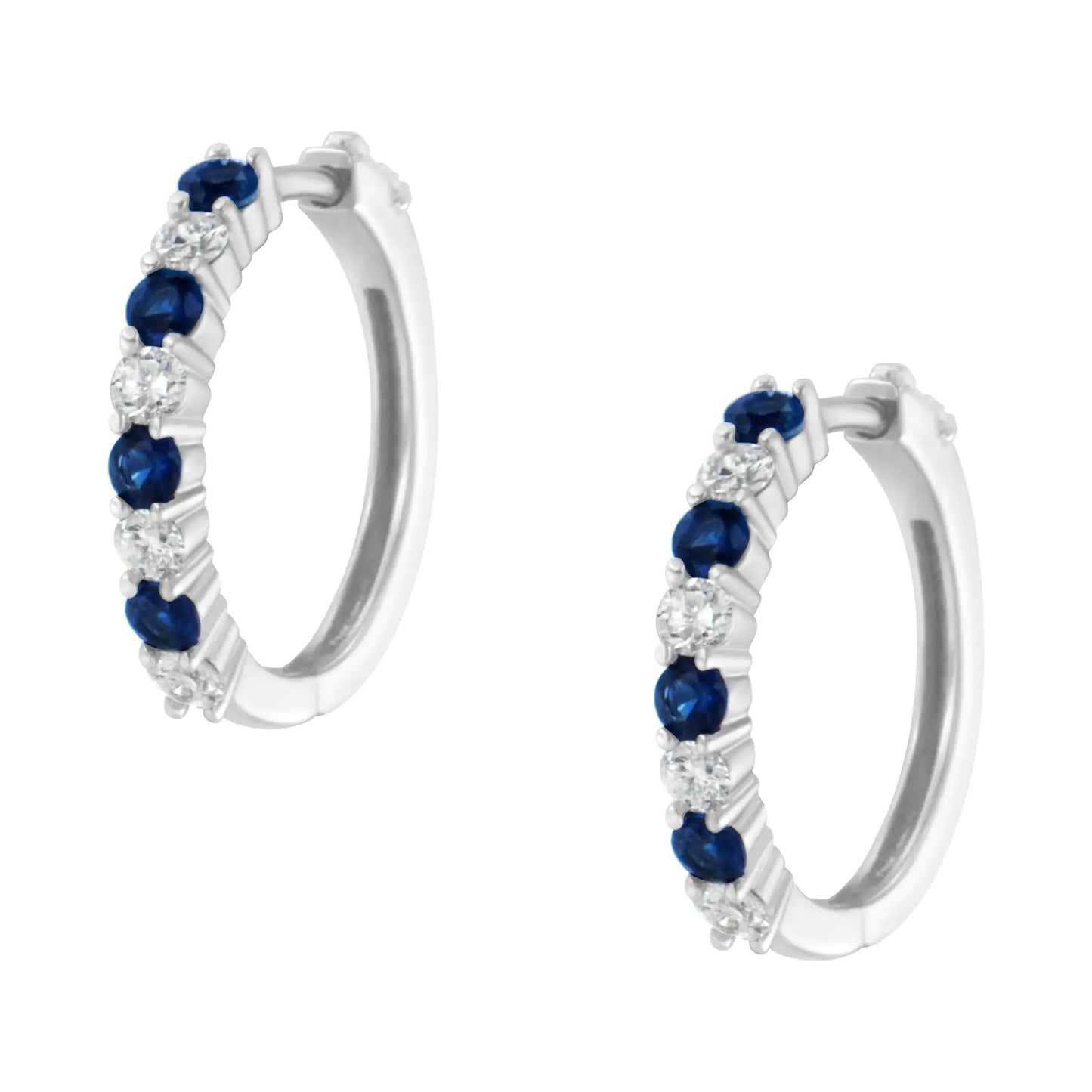 10K White Gold 2.5MM Sapphire Gemstone and 1/2 Cttw Diamond Hoop Earrings (H-I Color, I1-I2 Clarity) - Elegant Emulations