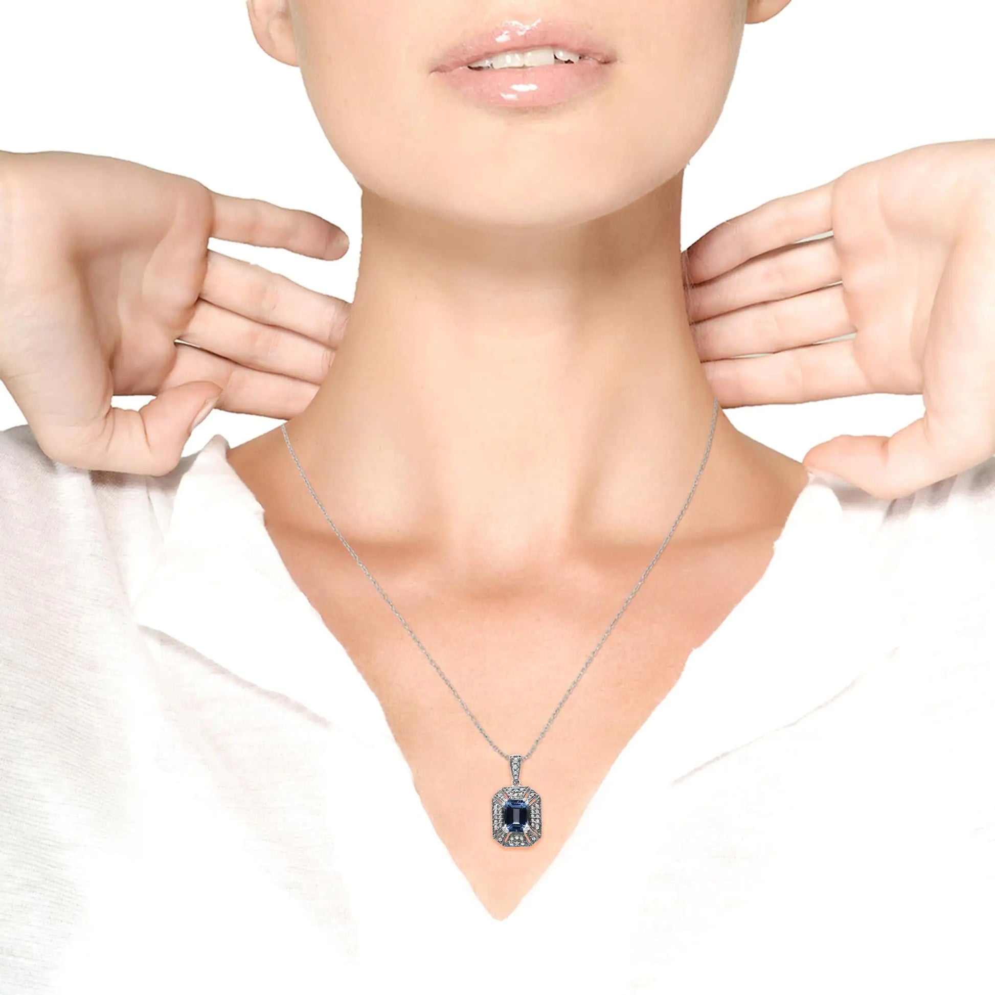 .925 Sterling Silver Blue Topaz and Diamond Accent Art Deco Style 18" Pendant Necklace (I-J Color, I1-I2 Clarity) - Elegant Emulations