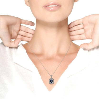 .925 Sterling Silver Blue Topaz and Diamond Accent Art Deco Style 18" Pendant Necklace (I-J Color, I1-I2 Clarity) - Elegant Emulations