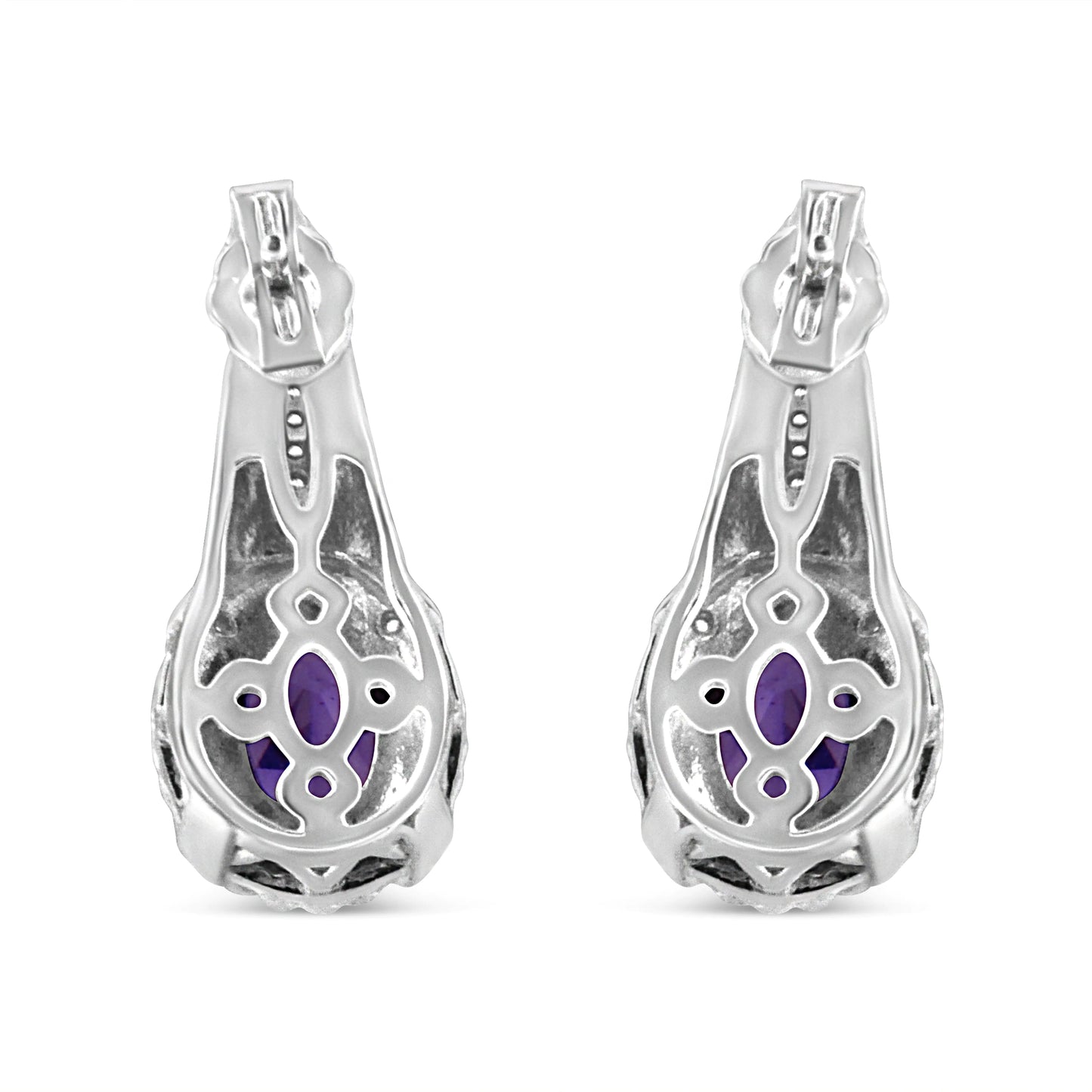 Sterling Silver Amethyst Oval Drop Earrings with Diamonds