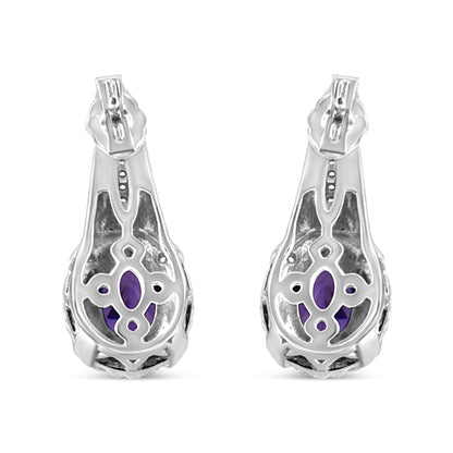 Sterling Silver Amethyst Oval Drop Earrings with Diamonds