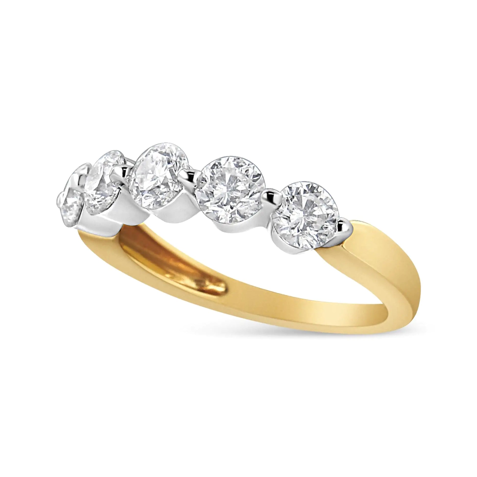 14K White and Yellow Gold 1 1/2 Cttw 2 Prong Cup Set Round-Cut Diamond 5 Stone Ring Band (H-I Color, SI2-I1 Clarity) - Elegant Emulations