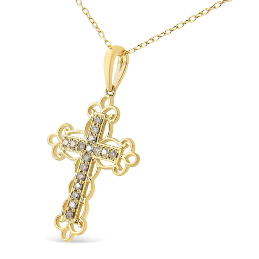 Elegant 10K Yellow Gold-Plated Filigree Cross Diamond Necklace