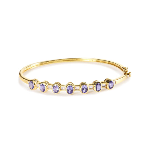 14K Yellow Gold Alternating Bezel Set 5MM Oval Shaped Tanzanite and 1/5 Cttw Diamond Bangle Bracelet (H-I Color, VS2-SI1 Clarity) - Fit's wrists up to 7.25" Inches - Elegant Emulations