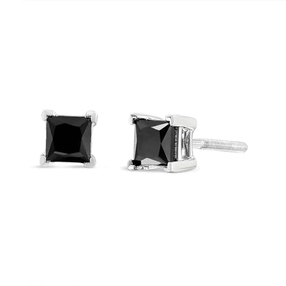 14K White Gold Princess-Cut Treated Black Diamond Classic 4-Prong Stud Earrings - Elegant Emulations